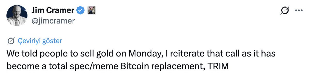 habermuhendisim's tweet photo. 🚨 Ünlü Yatırımcı Jim Cramer:

"Pazartesi günü insanlara altın satmalarını söyledik, bu çağrıyı tekrarlıyorum çünkü tamamen spekülasyon/meme Bitcoin yerine geçti, KESİN" https://t.co/sHspfW33XO