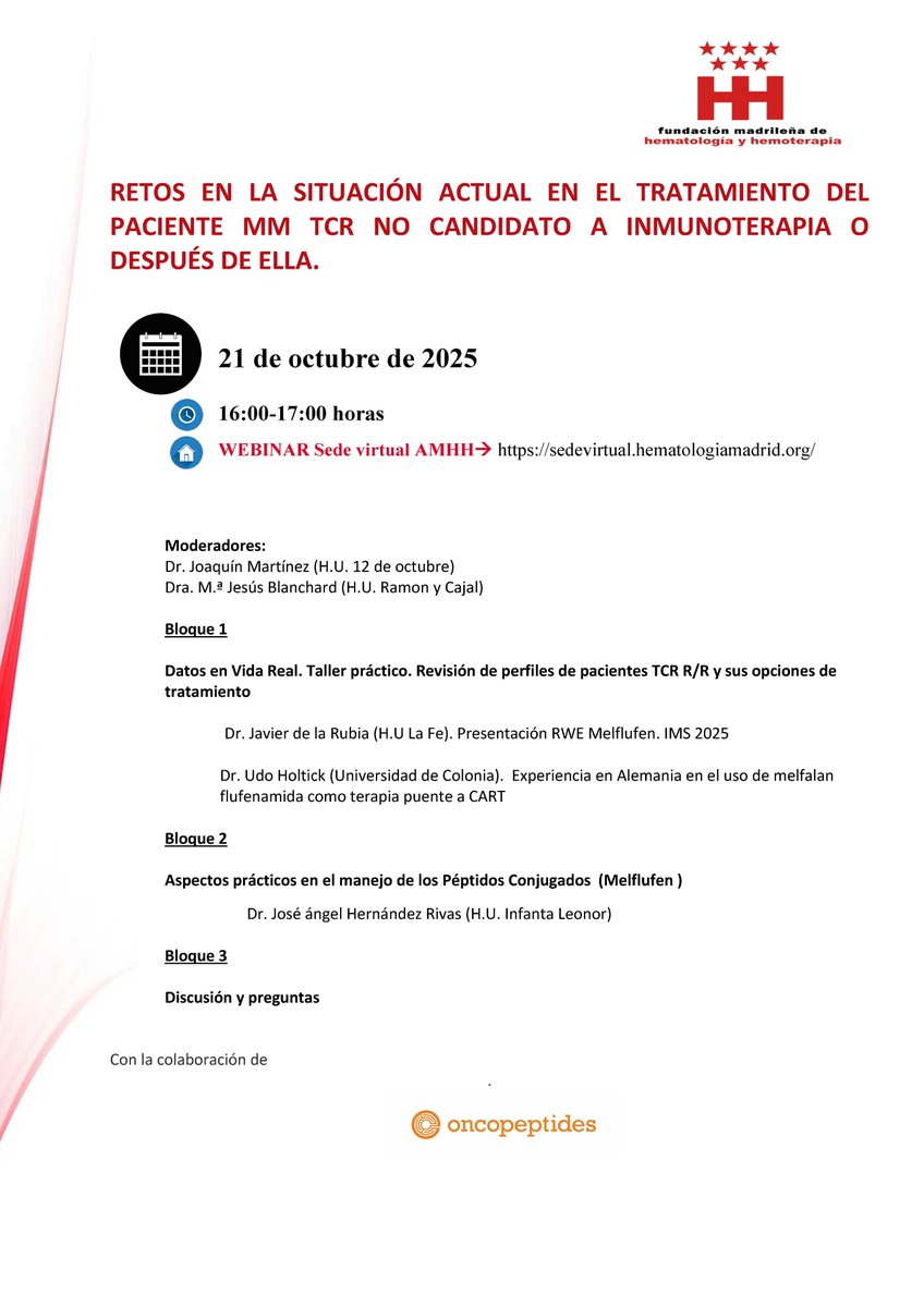 Ayer se llevo a cabo el webinar "RETOS EN LA SITUACIÓN ACTUAL EN EL TTO DEL PACIENTE MM TCR NO CANDIDATO A INMUNOTERAPIA O DESPUÉS DE ELLA", la grabación esta disponible en➡️

sedevirtual.hematologiamadrid.org

      ¡¡No te lo pierdas!!

<a href="/hematologiamadr/">AMHH</a> 
<a href="/sehh_es/">@sehh_es</a>