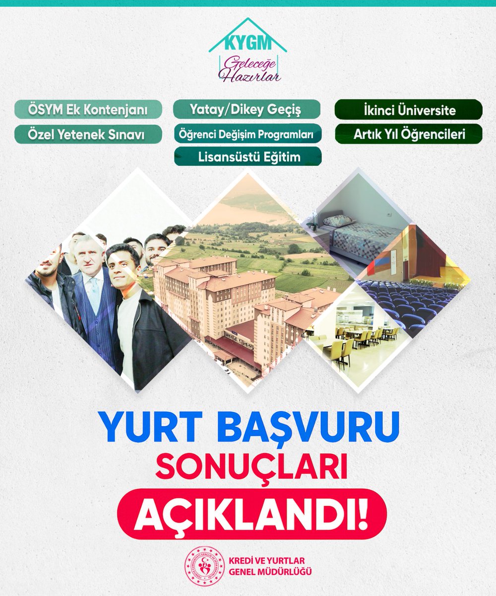 📣 KYGM ek kontenjan yurt başvuru sonuçları açıklandı. Öğrencilerimiz başvuru sonuçlarını 🖥️ e-Devlet üzerinden öğrenebilirler.

Yurtlara yerleşmeye hak kazanan öğrencilerin, 23 Ekim Perşembe günü saat 23.00’e kadar ilk kayıt ücreti ödemesi ve taahhütnameyi onaylaması gerekiyor.