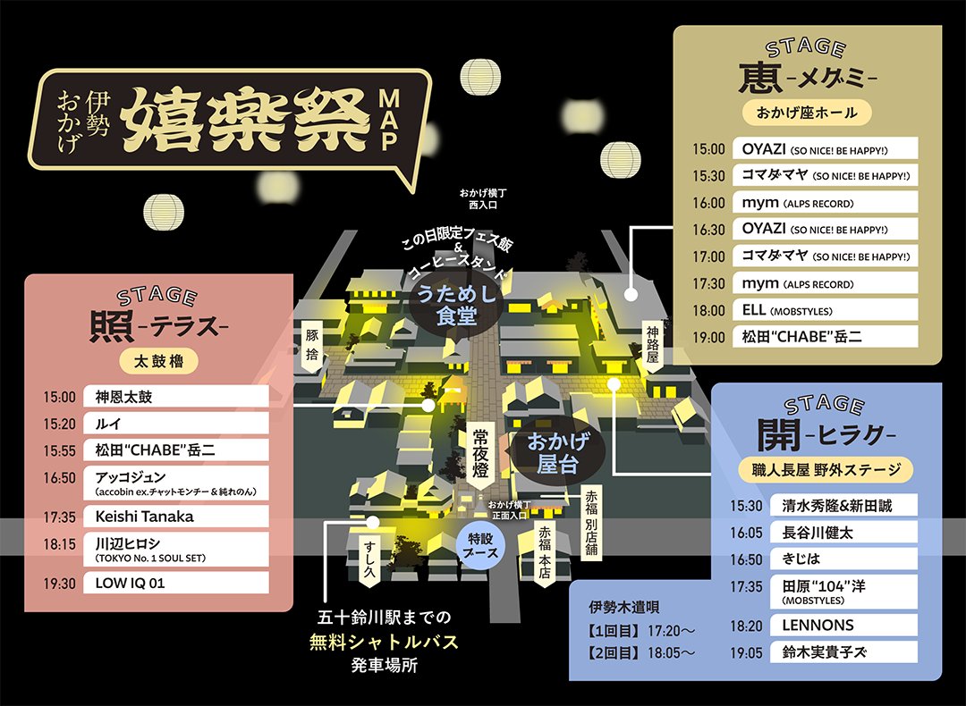 🏮#伊勢おかげ嬉楽祭🏮
～MUSIC FESTIVAL～2025

おかげ横丁の音楽フェス
「伊勢おかげ嬉楽祭」が今年も開催🎶

📅11/3(月・祝)
⏰開演 15:00／終演 20:00予定
🎪伊勢・おかげ横丁周辺

🔽お得な前売り券発売中‼️
w.pia.jp/t/iseokageutas…

<a href="/jun1lenon/">純れのん -Jun Lennon-</a>
