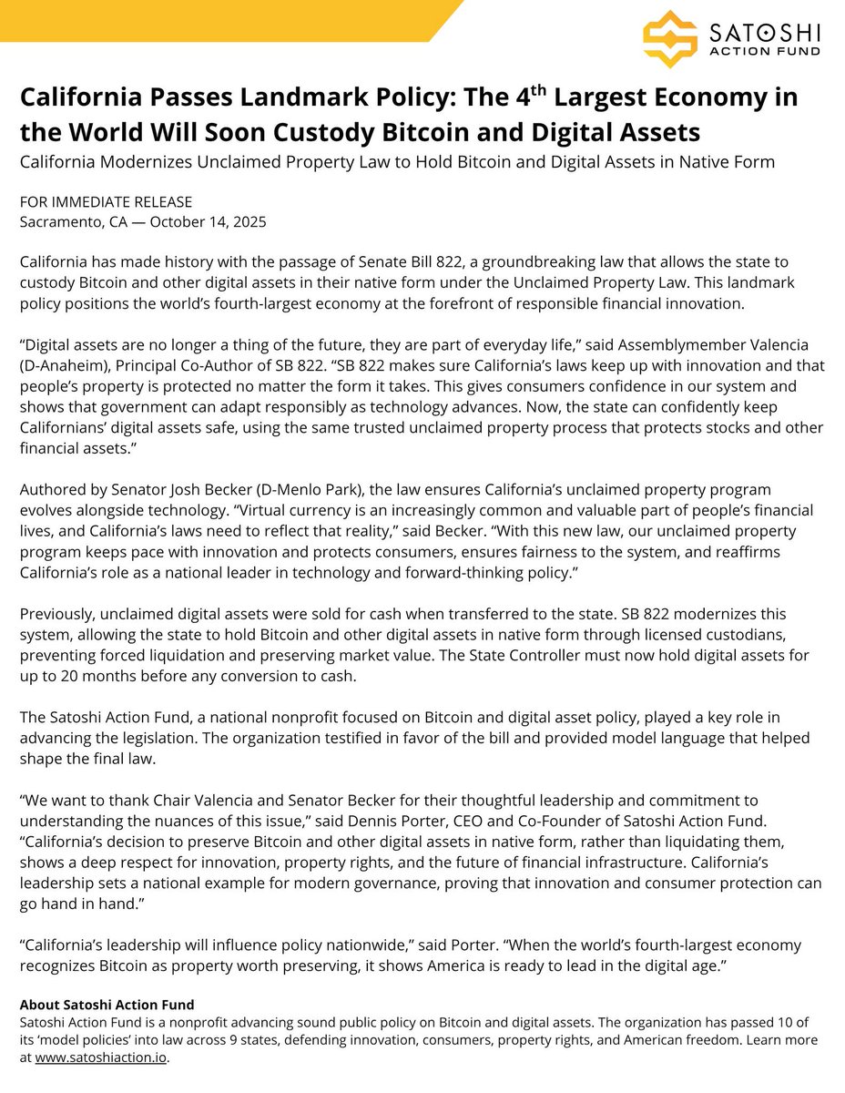 La Californie 🇺🇸 vient de passer une loi autorisant le gouvernement à détenir du Bitcoin et autres crypto-actifs !

Les États américains se préparent à accumuler du Bitcoin...

Et pendant ce temps-là :

-La France ignore complètement Bitcoin
-99% des gens pensent toujours que