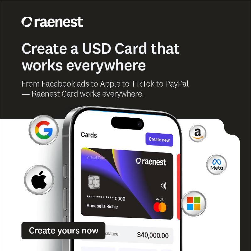 RaenestApp's tweet photo. Raenest gives you everything you need to live and earn beyond borders. 

- Receive money easily from over 190 countries in USD, GBP, and EUR. 
- Send money to 70+ countries. 
- Spend anywhere with your Raenest USD Card.
- Create USDC and USDT Wallets for faster inflow.