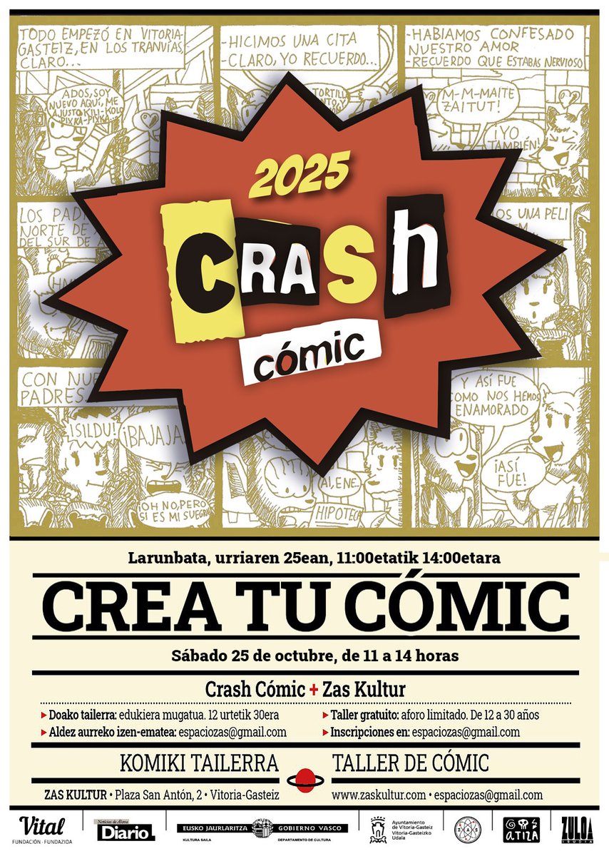 zas_kultur's tweet photo. Este sábado, de 11:00 a 14:00, taller gratuito en Zas para crear una página de cómic para Crash Cómic.
Para jóvenes de 12 a 30 años. Inscripciones e info: espaciozas@gmail.com.
Y recuerda que el plazo para enviar historietas acaba el 1 de noviembre.
Bases: https://t.co/syDaeI7p9c https://t.co/m32KomAcQT