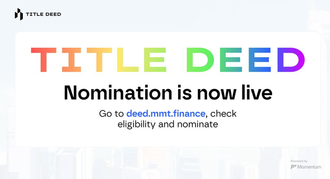 Four days ago, <a href="/MMTFinance/">MomentumⓂ️Ⓜ️T</a> dropped something big — the long-awaited Title Deed NFTs.

These aren’t your typical NFTs. They’re badges of honor for the most active builders and contributors across the <a href="/SuiNetwork/">Sui</a> ecosystem.

Momentum kicked off a nomination wave to distribute a