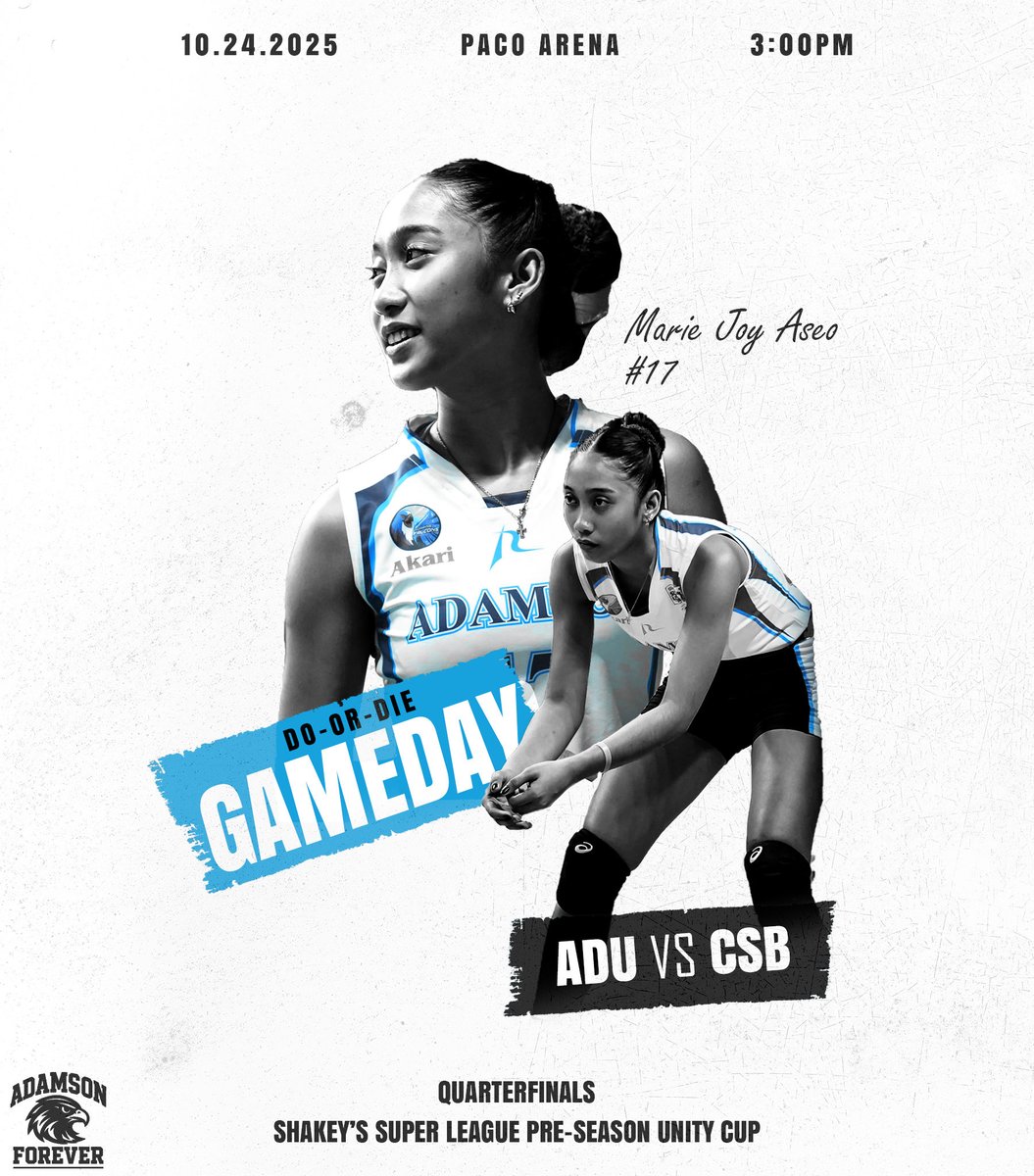 🔥 DO-OR-DIE GAME! 🔥

Let’s go, Adamson Lady Falcons! 🩵🐦

All-out support for our girls in the quarterfinals against CSB!

📍Paco Arena | 🗓️ Oct 24, 2025 | 🕒 3:00 PM

#ShakeysSuperLeague #AdamsonLadyFalcons #LabanAdamson

📸 ctto
