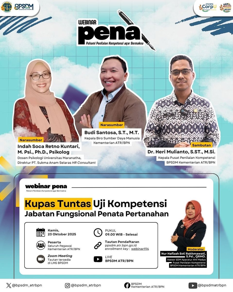 bpnmuaraenim's tweet photo. #repost Hai #SobatBPSDM, Webinar Nasional PENA Series yang pertama nih Sob!!! 🕐🎉 #webinar #KementerianATRBPN https://t.co/hDRIr8gsvo