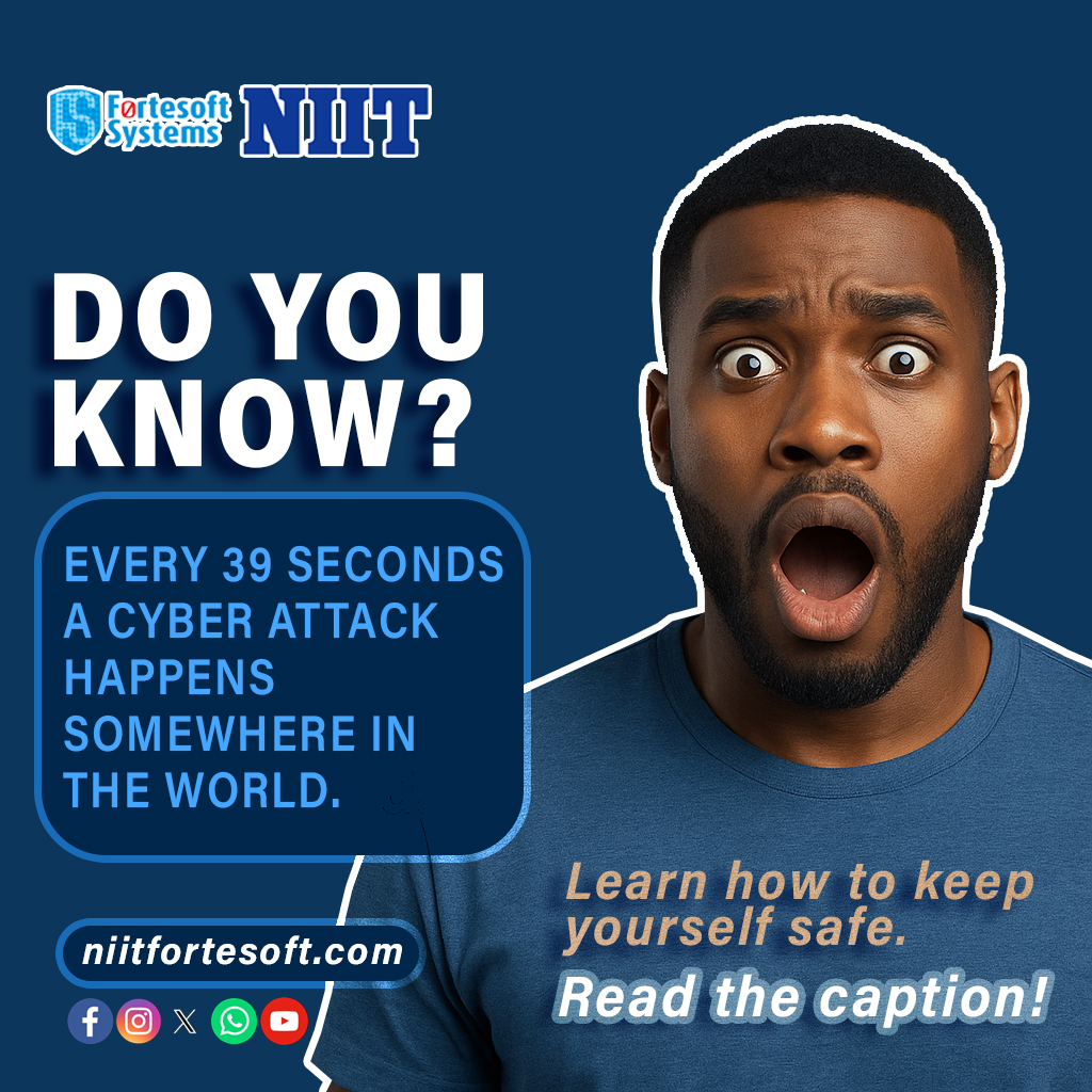 niitfortesoft's tweet image. 🛡️ TECH TIPS by Fortesoft Systems NIIT 💡
Every 39 seconds, a cyber attack happens — over 2,200 daily! 😳
The good news? 90% are preventable with simple habits:
✅ Use 2FA
✅ Strong, unique passwords
✅ Stay alert online
Cybersecurity starts with YOU. 💻🔒
#StayCyberSmart
