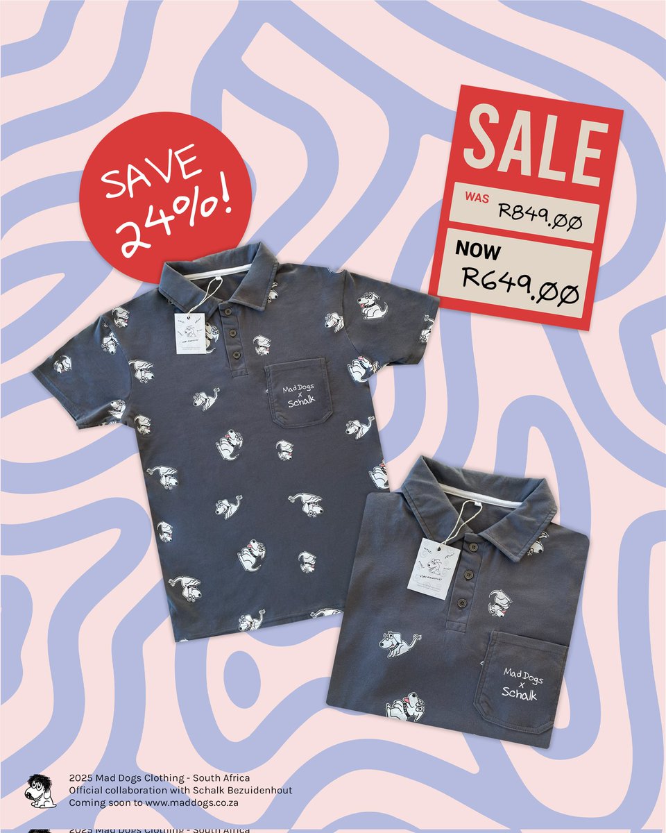 SALE | MAD DOGS x SCHALK 🏷️

The remaining stock of our official collaboration with Schalk Bezuidenhout is now on sale!

Shop online now at MADDOGS.CO.ZA 🛍️
-
#maddogsclothing #maddogs #schalkbezuidenhout #collaboration #sale #limitedstock