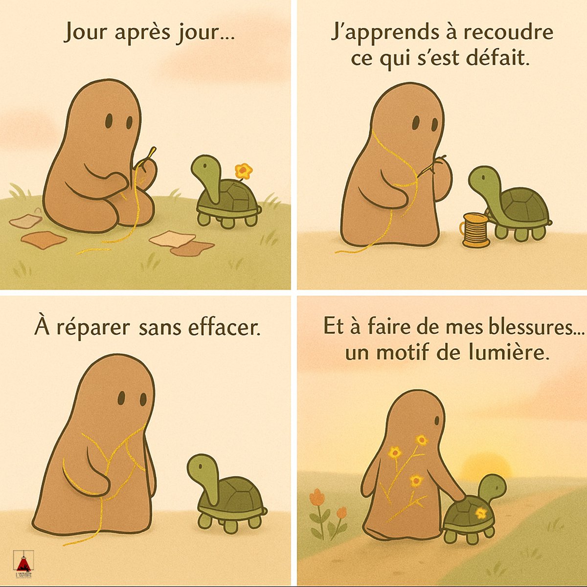 Il ne s’agit pas d’oublier,
mais de transformer.
Chaque cicatrice devient une couture d’or,
chaque fissure une preuve de lumière. 💛