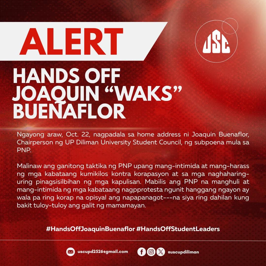 teddycasino's tweet image. UP Student Council reports that its chairman, Waks Buenaflor, is being harassed and intimidated by the PNP for leading the anti-corruption protest in UP. Seems they are treating protest as a crime now. Hoy @pnppio unahin n'yo muna ang mga kurakot mga letse kayo.