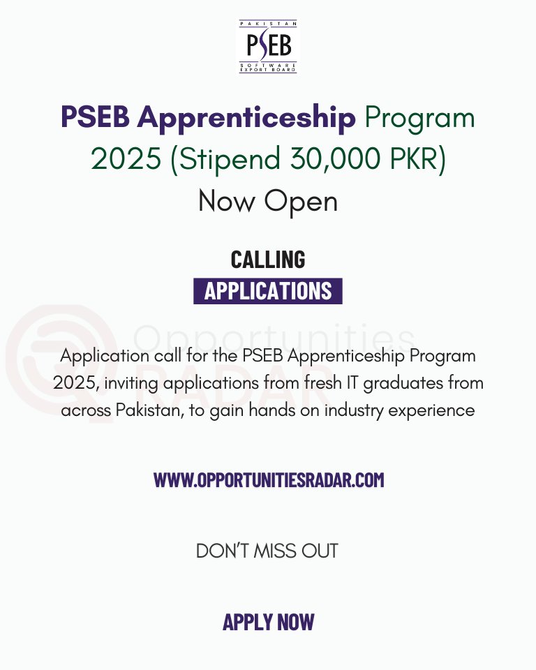 oppradar's tweet image. PSEB Apprenticeship 2025, Calling Fresh Graduates!
Visit: tinyurl.com/pseb-internshi…

Application call for the PSEB Apprenticeship Program 2025, inviting applications from fresh IT graduates from across Pakistan, to gain hands-on industry experience.

#PSEB #apprenticeships