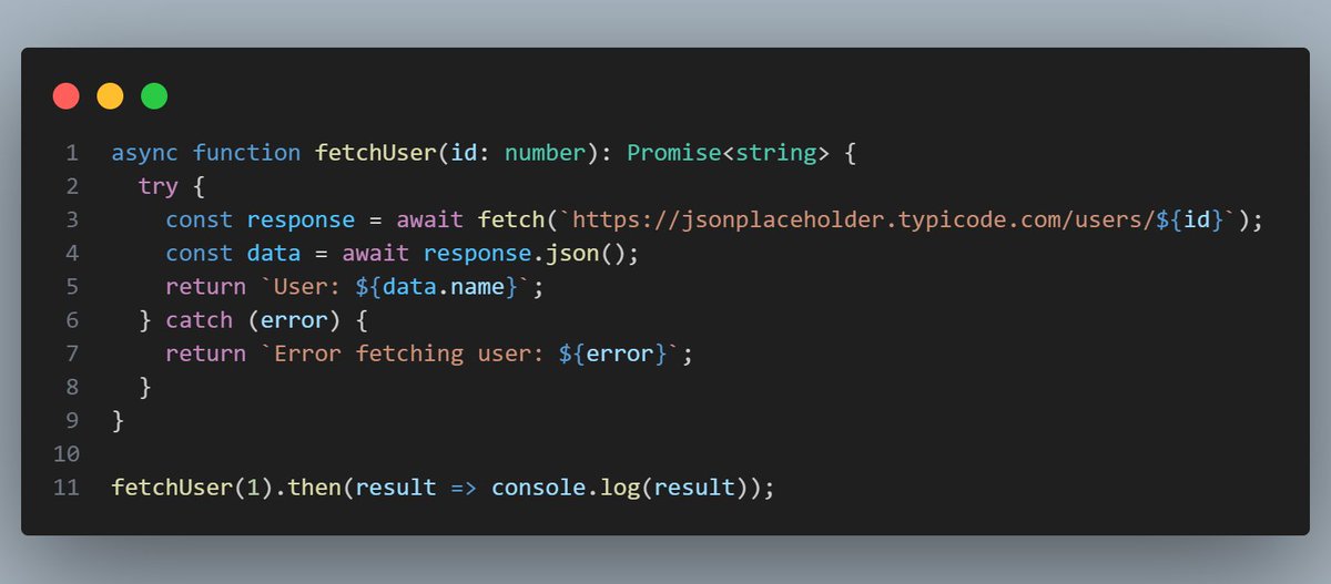 vishalvishwas01's tweet image. Day 6 of 7, what I learned in TypeScript

Learned how to handle async code cleanly with TypeScript:

1. async/await makes code readable
2. Type-safe promises prevent runtime errors
3. try/catch for simple error handling

#TypeScript #Internship #webdeveloper #Frontend