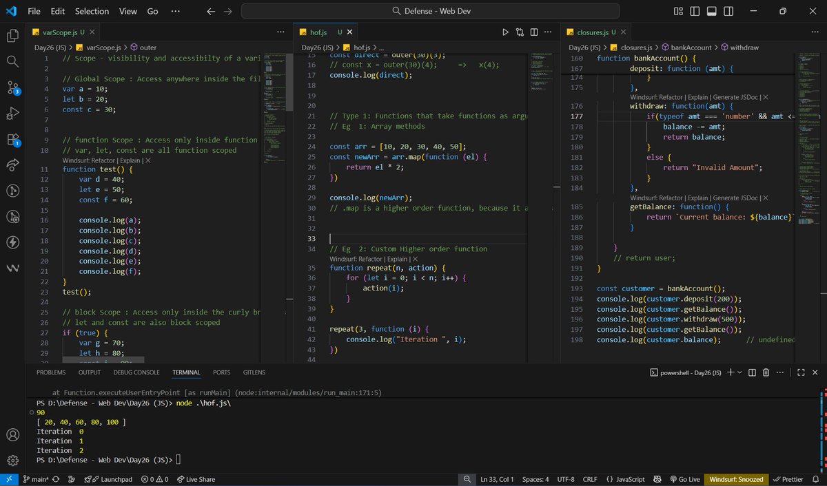 gauravp012's tweet image. 🚀 Day 26 of my Web Dev Journey!
Scope: How & where variables live (global, block, function)
Closures: Functions that remember their environment
Higher-Order Functions: Functions handling functions!
Thanks @rohit_negi9 bhaiya
#JavaScript #WebDevelopment #CoderArmy
