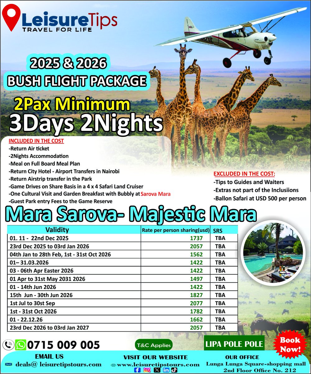 🎯Experience the Majestic Mara in Style!
👉Fly straight into the wild with our 2025 &amp; 2026 Bush Flight Package — perfect for couples or friends (2 pax minimum)!

🦒 3 Days, 2 Nights at Sarova Mara
✅ Return Air Tickets
✅ 4x4 Safari Game Drives
✅ Full Board Meals
✅ Cultural