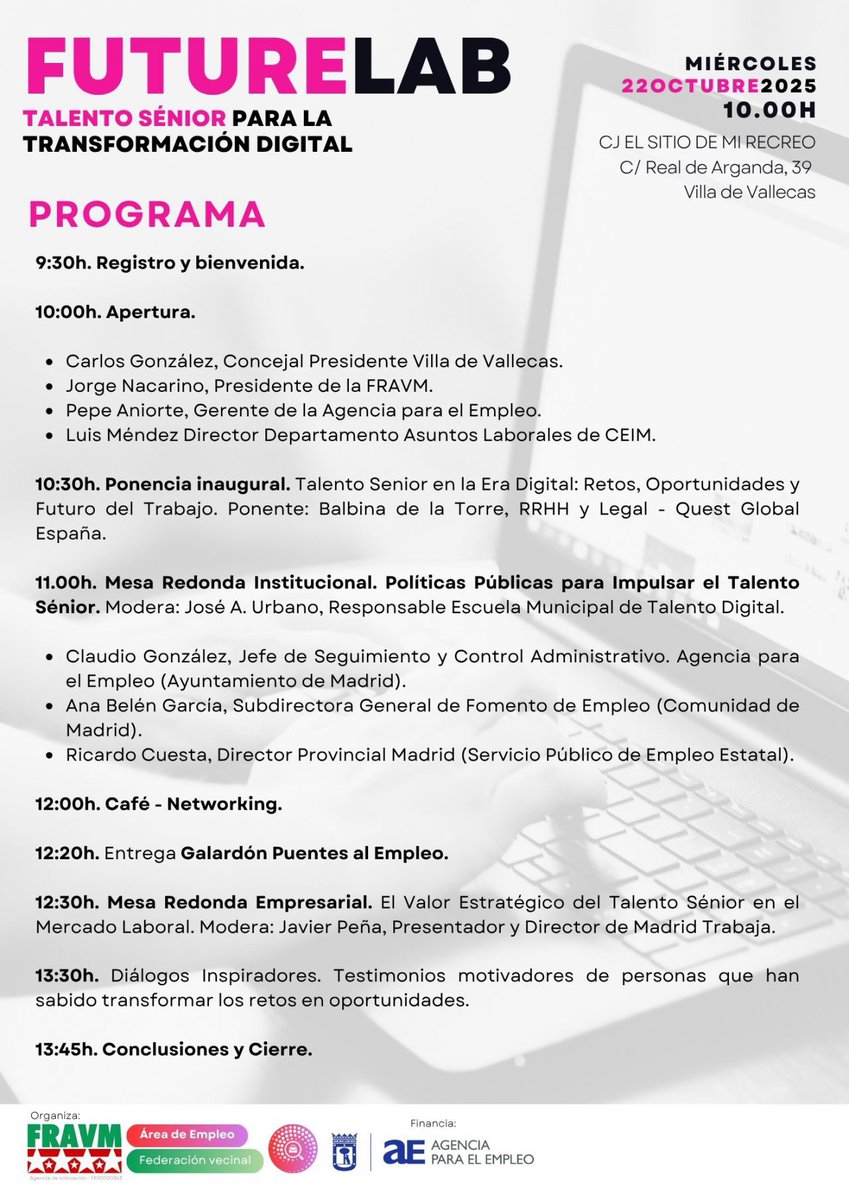 InteresMas's tweet image. 📍 @FRAVM impulsa este miércoles, 22 de octubre, una nueva edición de #Futurlab, una jornada para visibilizar el talento sénior en el sector digital contra el #edadismo laboral. En el CJ El Patio de mi Recreo, en #VilladeVallecas. @MADRID @aempleomadrid 

masinteresmadrid.com/la-fravm-impul…