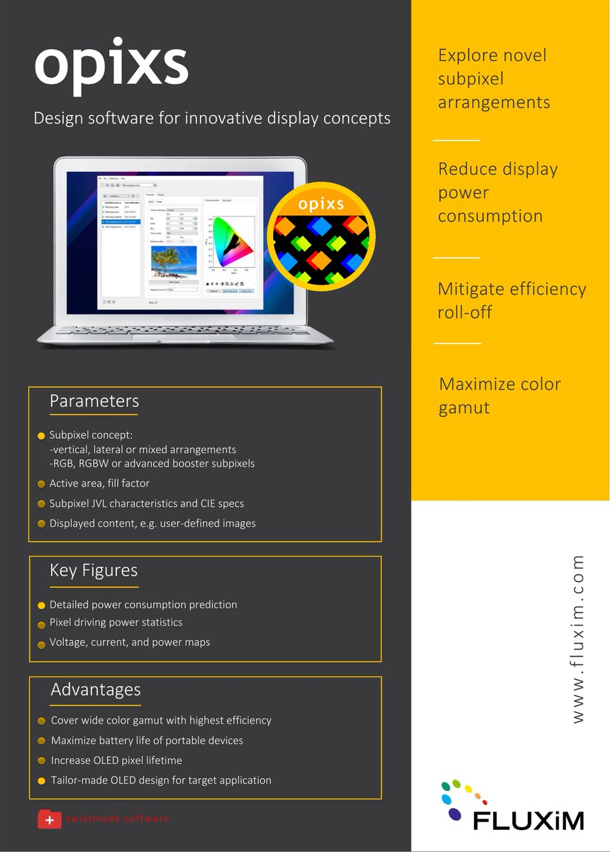 FluximAG's tweet image. #OLED engineers: Power, efficiency &amp;amp; layout are interdependent. Change one, affect all.

🎯 Meet OPIXS – Fluxim’s new simulation tool to design &amp;amp; test pixel architectures before fabrication.

Supports RGB, RGBW, OLED, QD-LED &amp;amp; more.
📩 info@fluxim.com
#DisplayTech