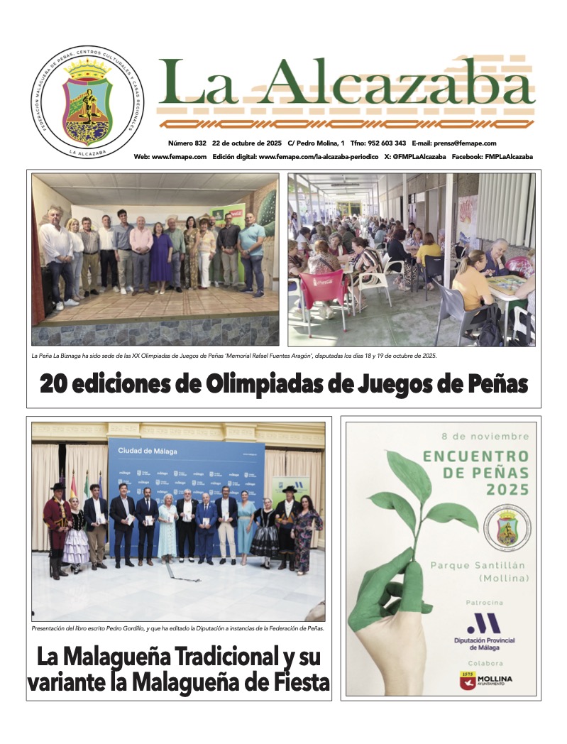 La Alcazaba 832 nos muestra la actividad de todo el colectivo peñístico malagueño, con una frenética agenda de actividades durante estas fechas.

Ya disponible para su descarga 👇
femape.com/wp-content/upl…