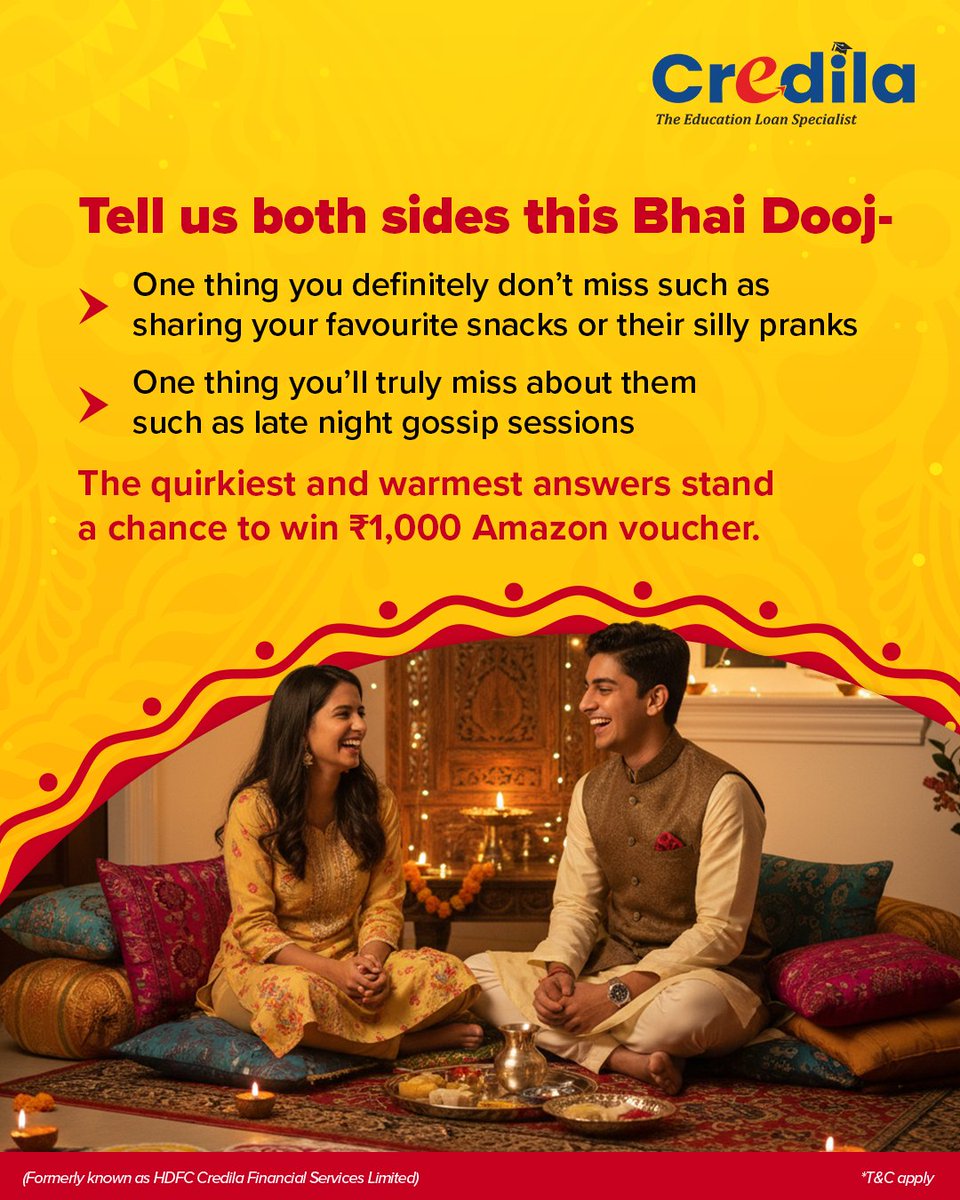 CredilaFinserv's tweet image. Siblings are equal parts chaos and comfort, and being away from them shows you both. This Bhai Dooj, we want to hear it from you.
How to participate:
- Follow @credilafinserv
- Tag 2 friends in the comments
- Share your answer below
May the best answers win!
Visit…