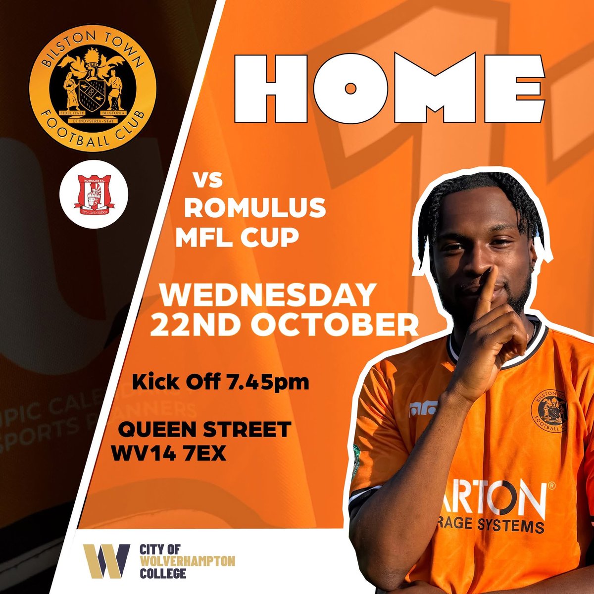 This evening we host Romulus FC in the <a href="/MidlandLeague/">Capelli Sport Midland Football League</a> Cup.

⚽️7.45pm Kick off.

🏠Queen Street, WV14 7EX