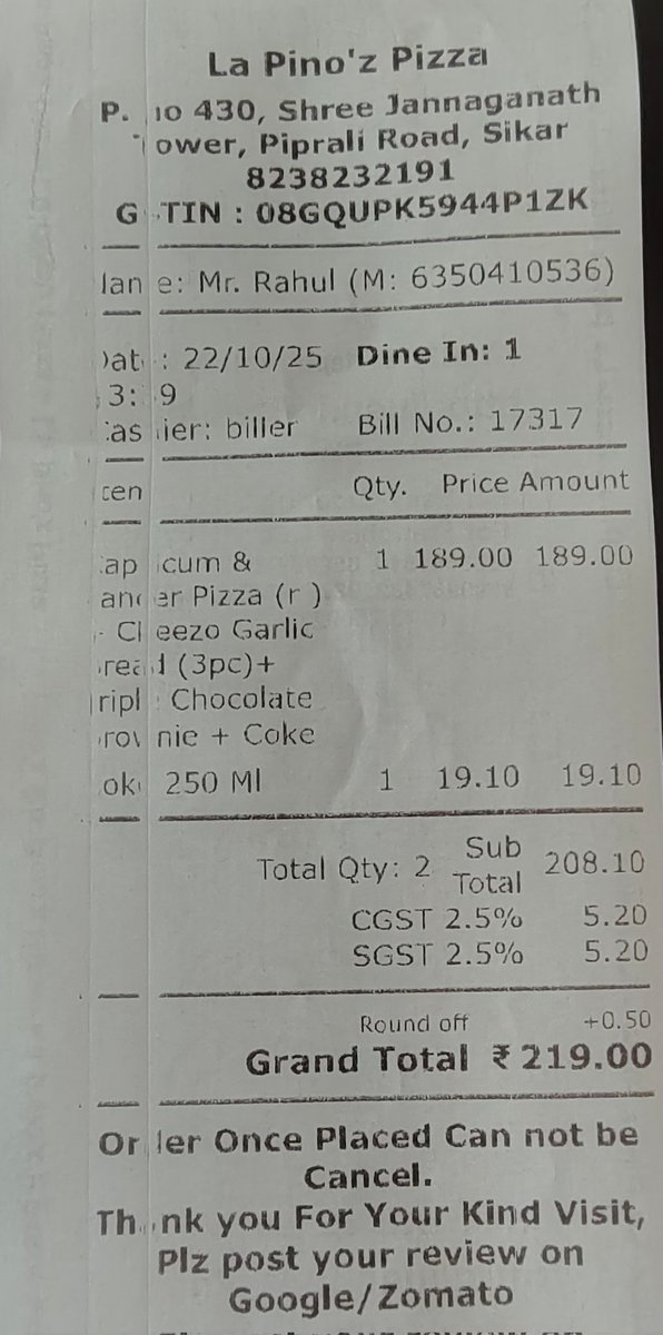 Rahul___Mahala's tweet photo. Visited @LaPinozPizzaInd, Piprali Road, Sikar today — honestly, a very disappointing experience. 👎 https://t.co/ahLEAuSKKe
