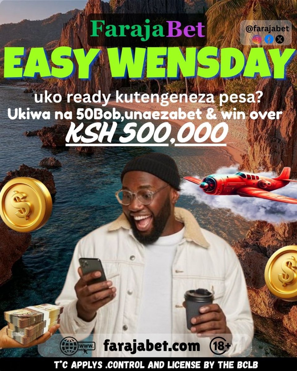 FarajaBet's tweet photo. Easy Wednesday iko hapa na FarajaBet!
Ukiwa na 50 bob pekee, unaweza kuwasha
bahati na kushinda hadi KSH 500,000!
No pressure, just easy money vibes
Bet smart. Win big. Stay winning
#FarajaBet #EasyWednesday
#BetSmartWinBig https://t.co/HuV3qzF7Id