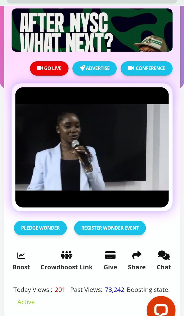 We are Live on Mystreamspace 🥳
AFTER NYSC WHAT NEXT?

Kindly click here to participate:
mystreamspace.org/allywealth7774…

Here to sponsor the online crusade to reach more people: mystreamspace.org/crowdboosting/…

God bless you richly