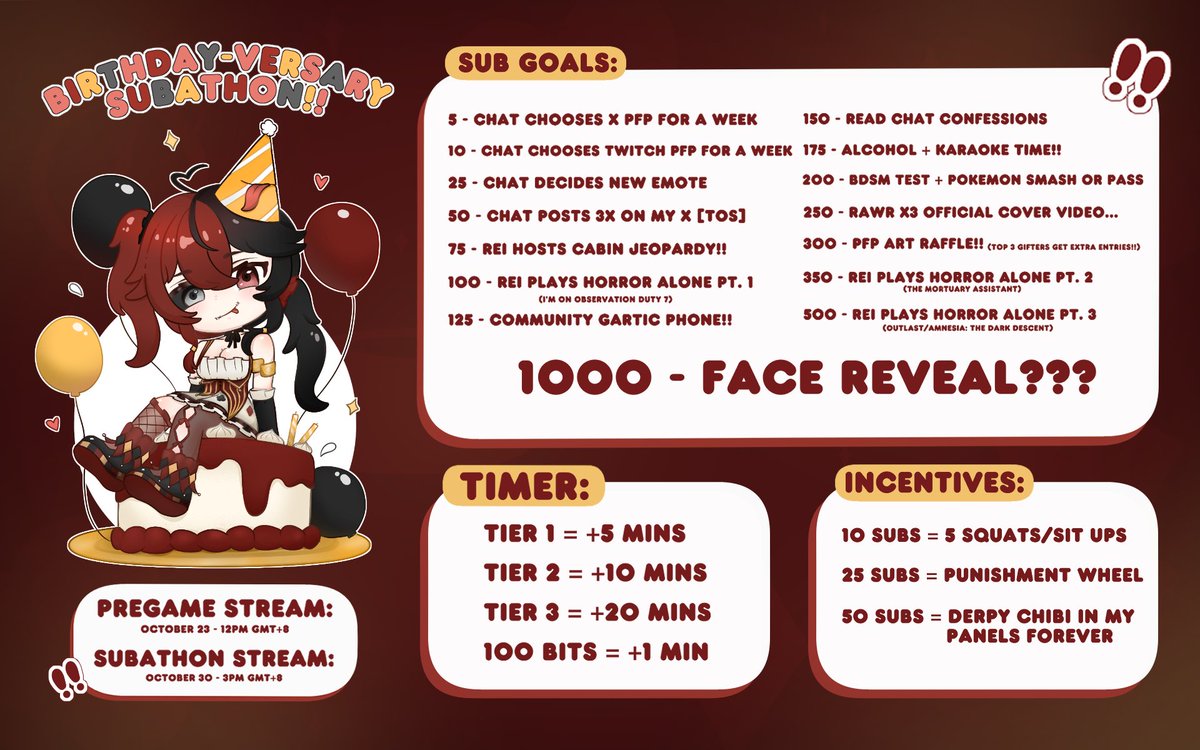 My Birthday + Debut Anniversary is coming up!! 🥳❤️

To celebrate, I'll be doing my first ever subathon!! It will be split into two parts due to some scheduling problems, so the pregame will be a 12 hr countdown to the actual day.

(Any subs during the pregame will still count!!)