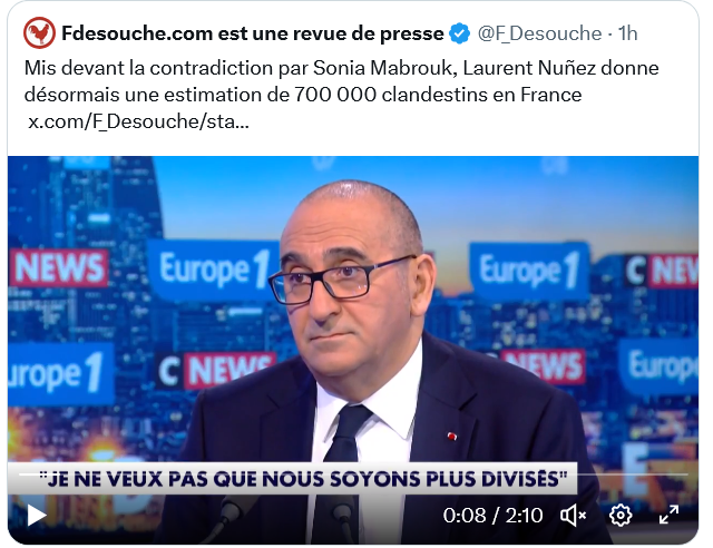 Hier, L.Nunez lâchait un petit 200000 clandestins.🤡
Aujourd'hui, il concède péniblement 700000 clandestins.😅
Les spécialistes eux tablent sur 800000.😳
Et pour quel coût ? 
Des milliards d'euros et un haut niveau de délinquance.😩