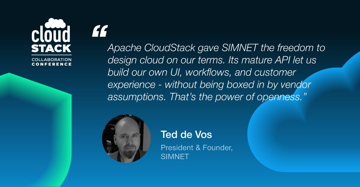 CloudStack's tweet image. The President and Founder of @simnet_IT - Ted de Vos, shares what Apache #CloudStack has given the company and the power of openness.
Register now for #CloudStackCollab — the biggest annual CloudStack event! apachecloudstack.short.gy/phcKug