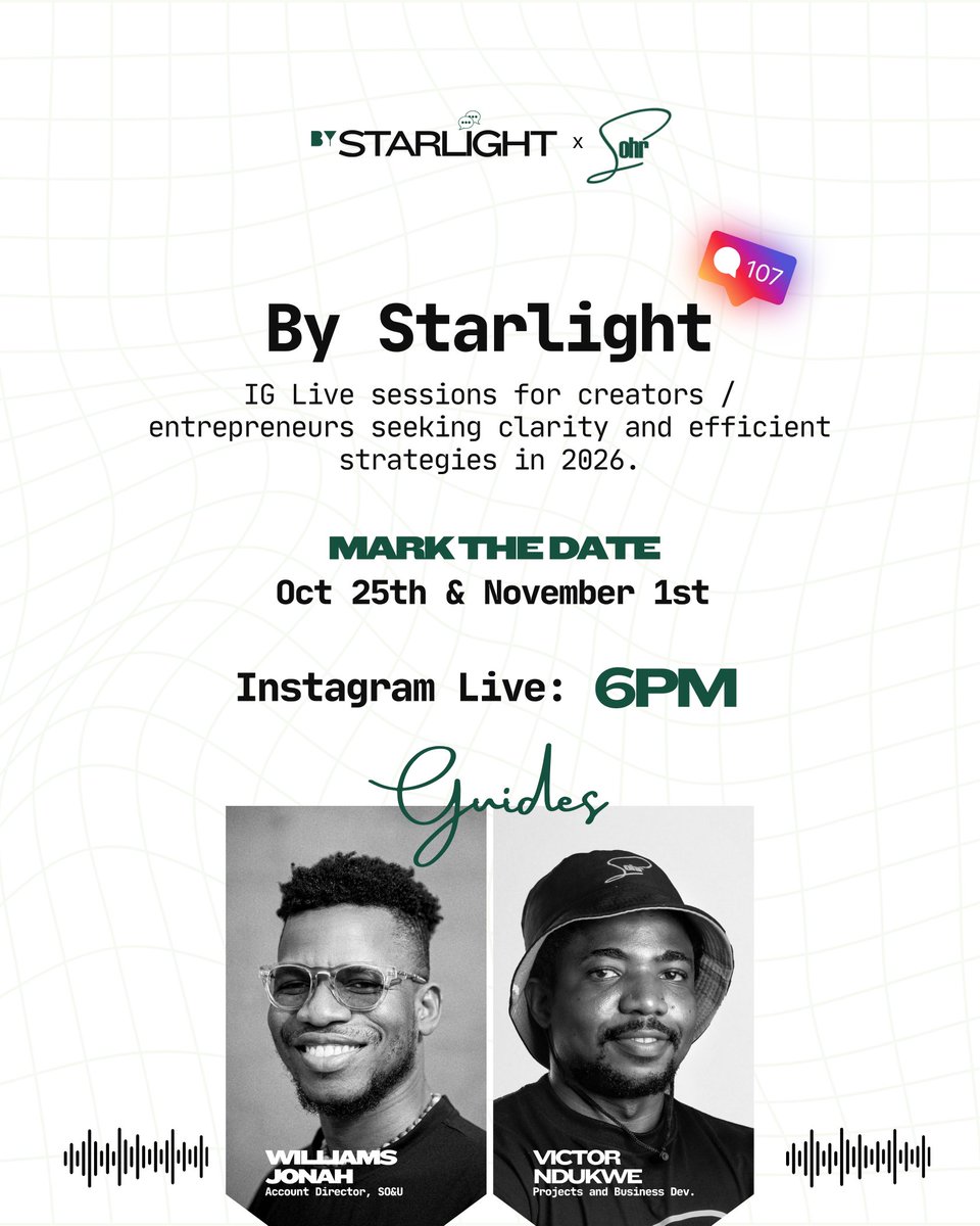 SOHRcollective's tweet image. 2 Sessions. 2 Great Minds. By Starlight returns! 

🎙 Oct 25: What Creators Shouldn’t Be Doing in 2026 

Nov 1: Planning for Success: A step-by-step guide for creators.

🔗 Register Here: luma.com/ox6qeuvu

 #ByStarlight #CreatorInsights