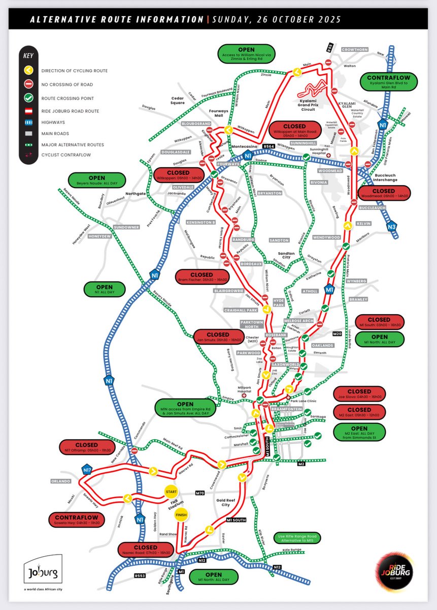 🛣️ Traffic Advisory 🛣️ 

94.7 Ride Joburg 
Sunday 26 October 2025 

Please take note of the road closures for the event as well as alternate suggested routes.

Full details in link below. 
ridejoburg.co.za/documents/Resi…