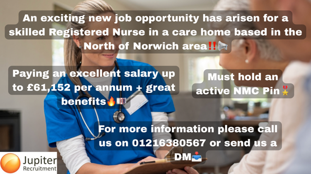 Jupiter_rec's tweet photo. Registered Nurse for a care home in the North of Norwich area. Paying up to £61,152 per annum + great benefits !! Must hold an active NMC pin. Contact us today via DM, call us on 0121 638 0567, or message us on WhatsApp at 07856 209032 https://t.co/6EjruzaELR