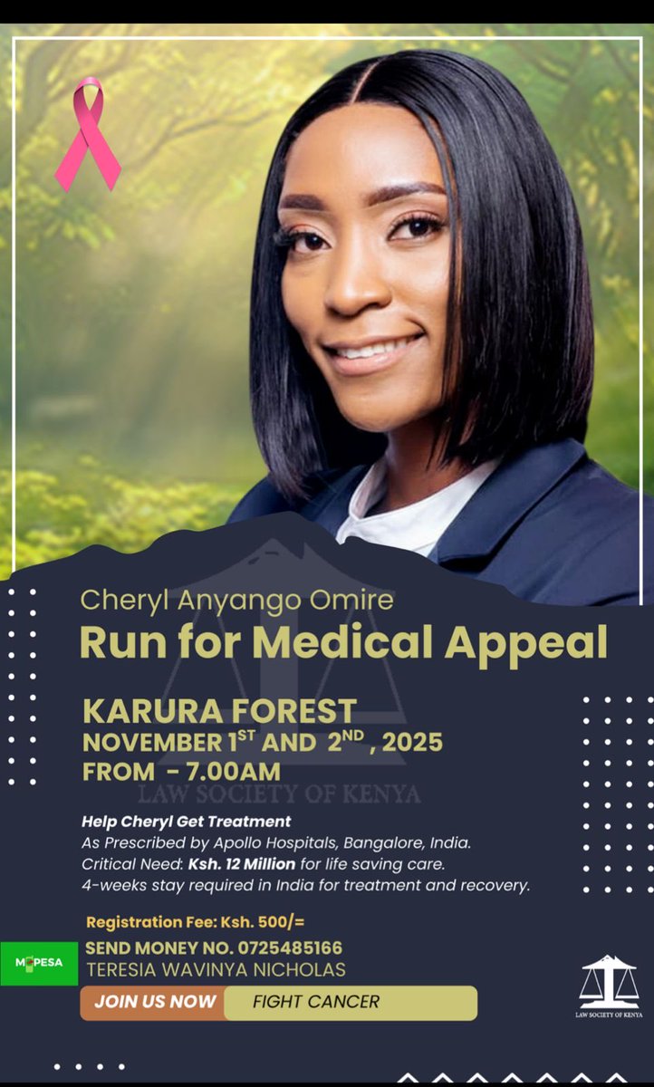 twavinya's tweet image. Umoja ni nguvu!
During this Cancer Awareness Month, I make this heartfelt appeal to all of you: friends, colleagues, and fellow Kenyans from every walk of life.
Our sister and friend, Cheryl Anyango Omire, a beloved member of our legal fraternity, is courageously battling…