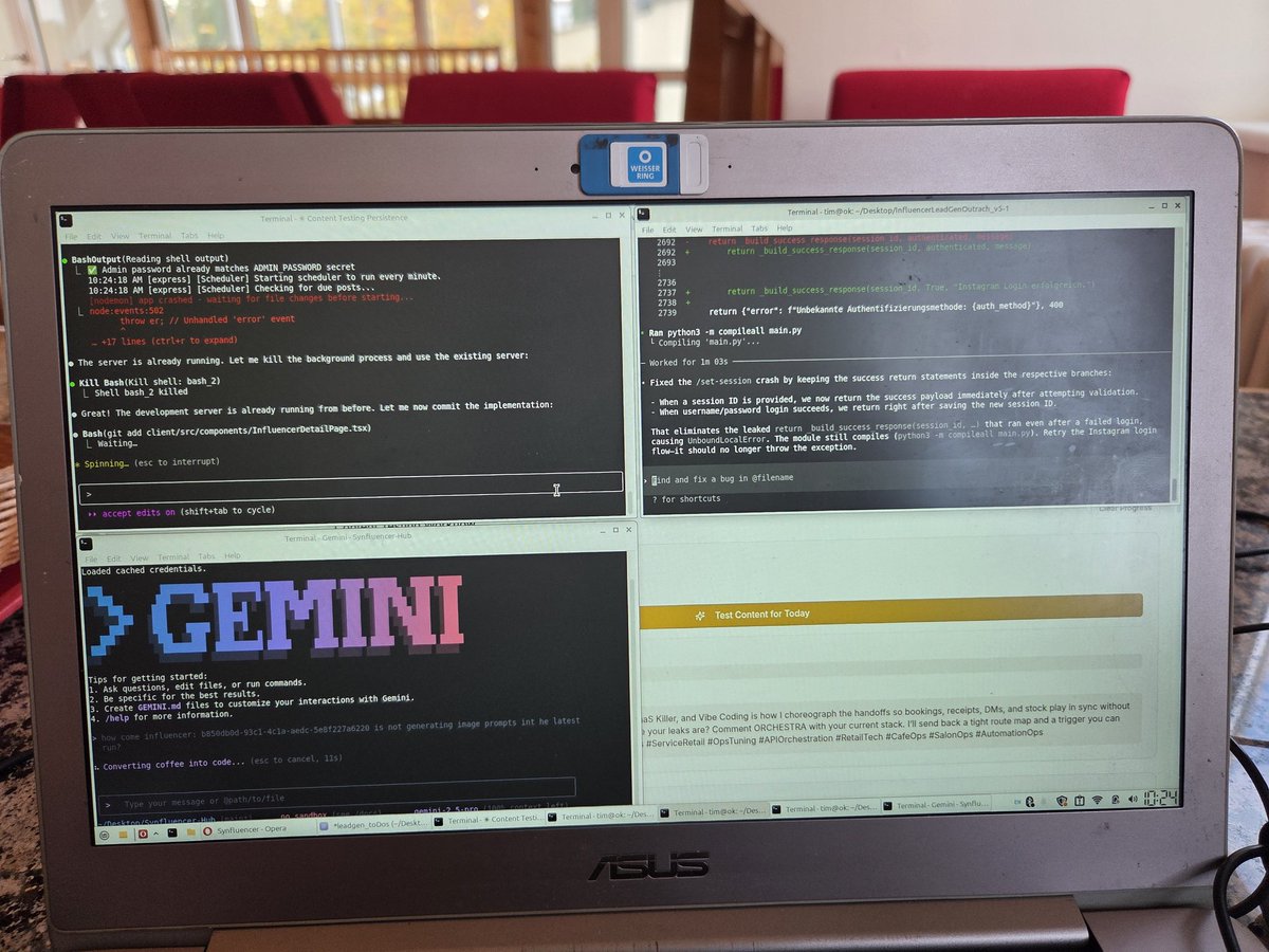 tim_neunzig's tweet image. Claude Code, Codex CLI and Gemini CLI slaving away on ye ole Linux Laptop #vibecoder