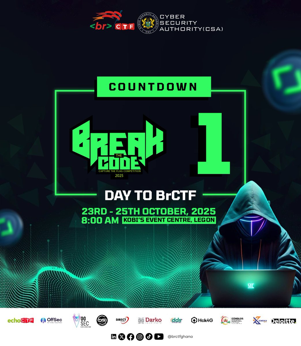kwekutech's tweet image. 🔴CODE RED: We are 1 day away from BrCTF 2025.
Boot your systems, update your tools, and get your game-face ready, it’s almost time to #BreakTheCode.
From 23rd–25th October, 8:00 AM at Kobi’s Event Centre, Legon, the hunt begins.
Registration link in the comments.