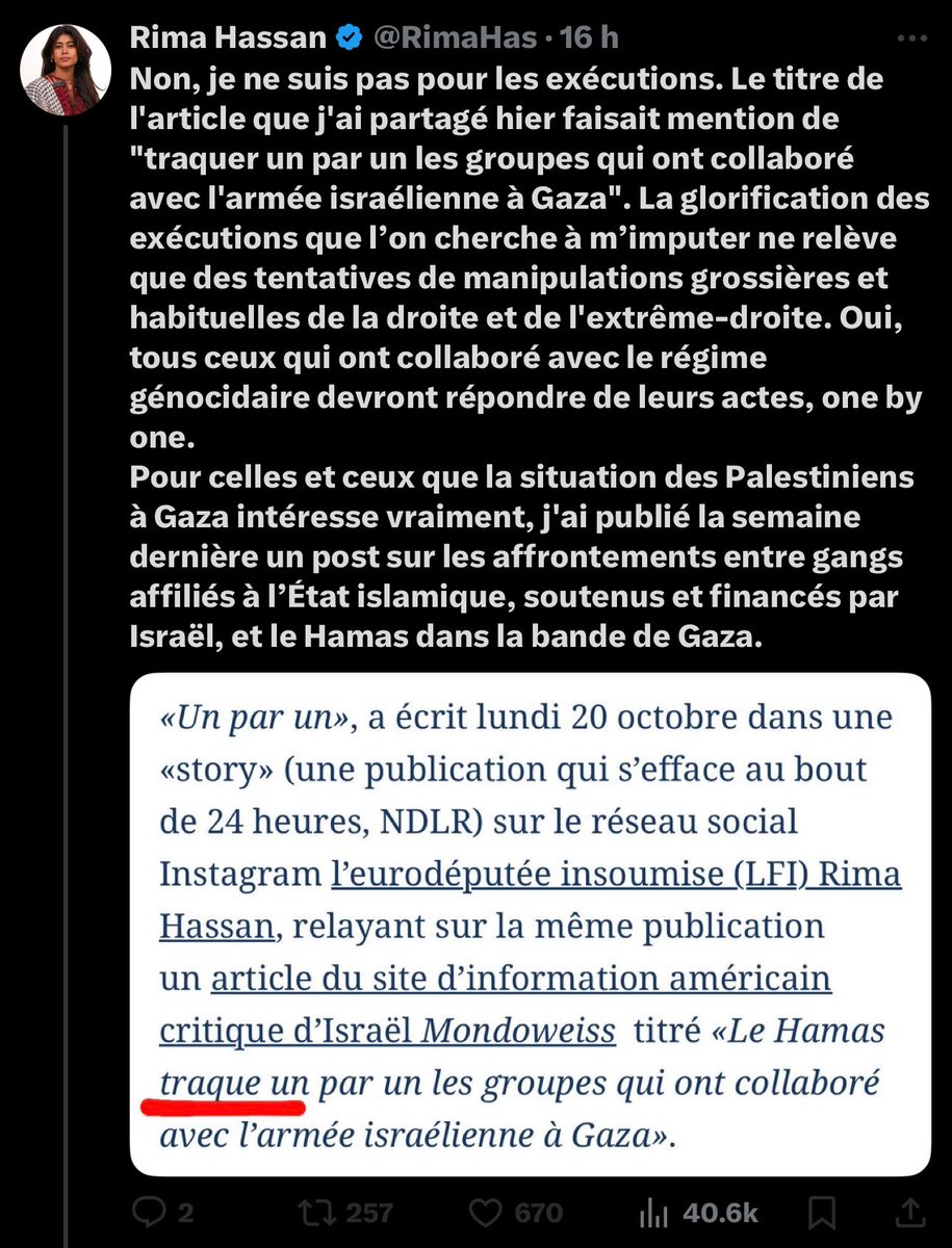 SwordOfSalomon's tweet photo. Tu t’enfonces, @RimaHas. En relayant un article qui décrit noir sur blanc des exécutions sommaires du Hamas (cf. screenshot), ton « one by one » ne peut vouloir dire qu’une seule chose. Si tu cherches à édulcorer, c’est simplement parce que tu sens que ça chauffe, et tu as raison 😉