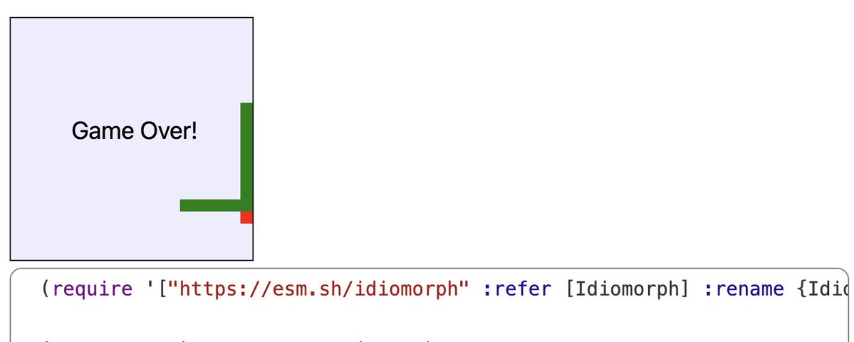 borkdude's tweet image. Snake game in Idiomorph + squint
#clojure #clojurescript #squintcljs
squint-cljs.github.io/squint/?src=KH…