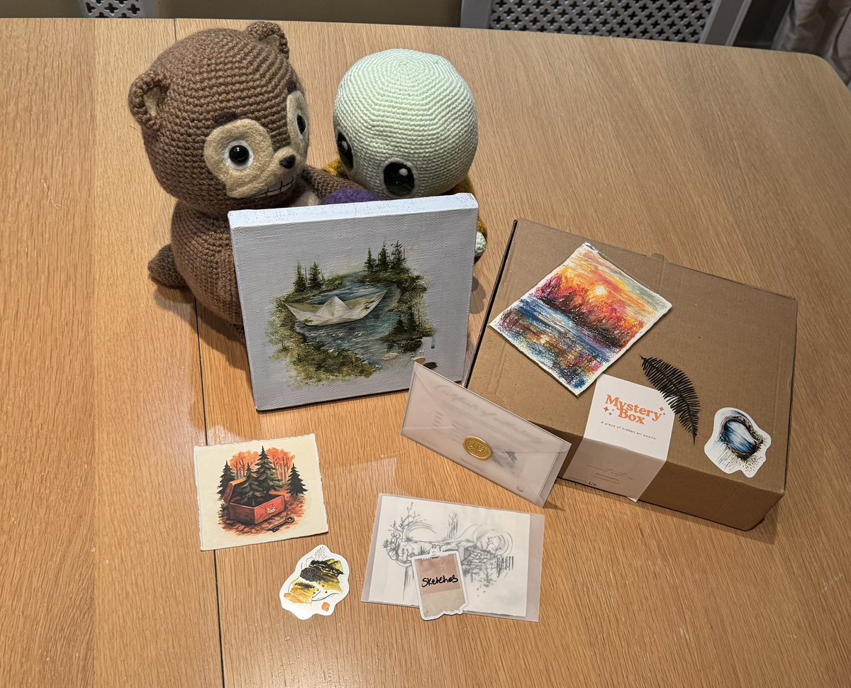 Received my mystery art box from <a href="/nouraarty/">Noura</a>. 📦👀

There was so much care put into this and the art is now hanging on my office wall.

Art physicals deliveries are the best. ❤️