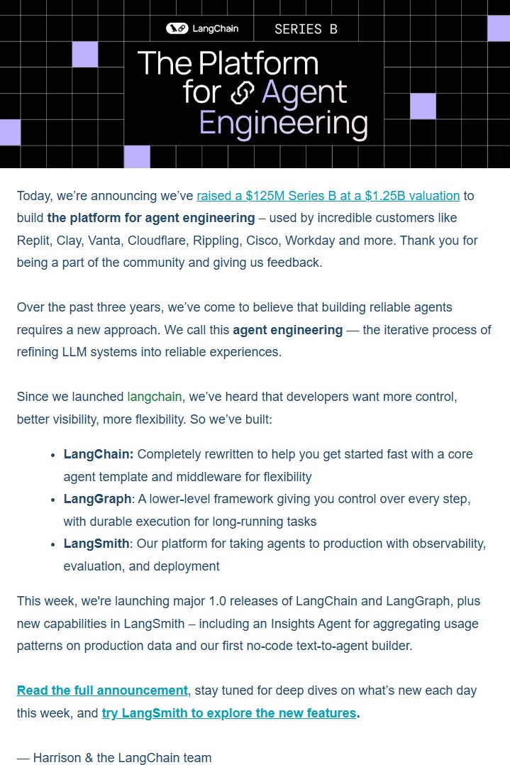 TheAdityaPatro's tweet image. Massive: AI Startup &quot;LangChain&quot; raises $125M to build the platform for agent engineering. Congratulations to the entire team of LangChain. 
#LLM #langchain #startup #startups #aiagent
