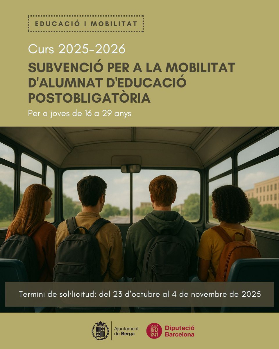Berga impulsa una convocatòria d'ajuts per a la mobilitat de joves de la ciutat que cursin estudis postobligatoris fora del municipi ajberga.cat/actualitat/ber…