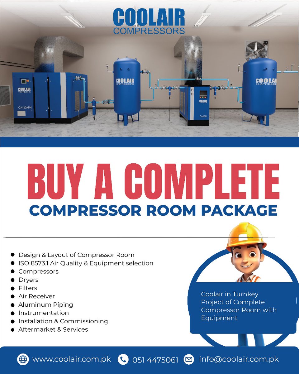coolairpk's tweet image. 🚨 Need a reliable &amp;amp; efficient compressor room solution?

CoolAir delivers turnkey systems built for performance, energy savings &amp;amp; minimal downtime.

📞 051 4475061
🌐 coolair.com.pk

#CompressedAir #TurnkeySolutions #CoolAirPak #IndustrialEfficiency