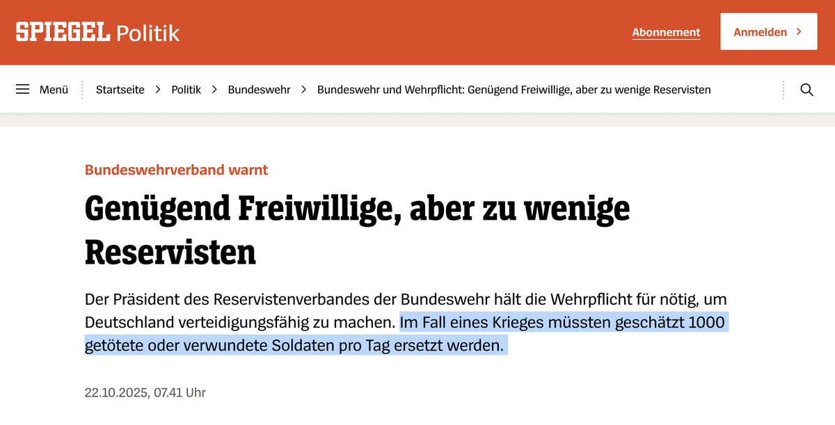 "Im Fall eines Krieges müssten geschätzt 1000 getötete oder verwundete Soldaten pro Tag ersetzt werden."
Ja, die werden dann neben ERSETZT (ggf. zwangsrekrutiert?). So wie man eine Batterie, eine Glühbirne usw. ersetzt. 1000 Mütter und Väter an einem Tag: "Pech" gehabt. 18 Jahre