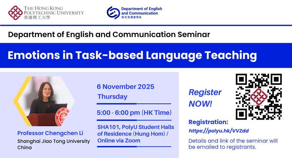 HKPolyUENGL's tweet image. Explore how learner emotions empower effective second language acquisition at this #TBLT seminar by Prof Li @sjtu1896. Register now👉polyu.hk/BaOLh #LanguageTeaching @OpenAppLing