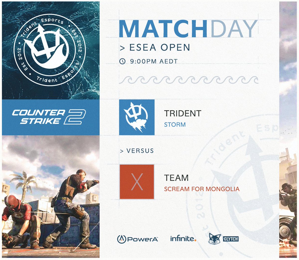 #MATCHDAY  

Counter Strikes back tonight with #TridentStorm VS #ScreamForMongolia tonight. 

🆚#ScreamForMongolia 
📷 9:00pm AEDT
📹faceit.com/en/cs2/room/1-…