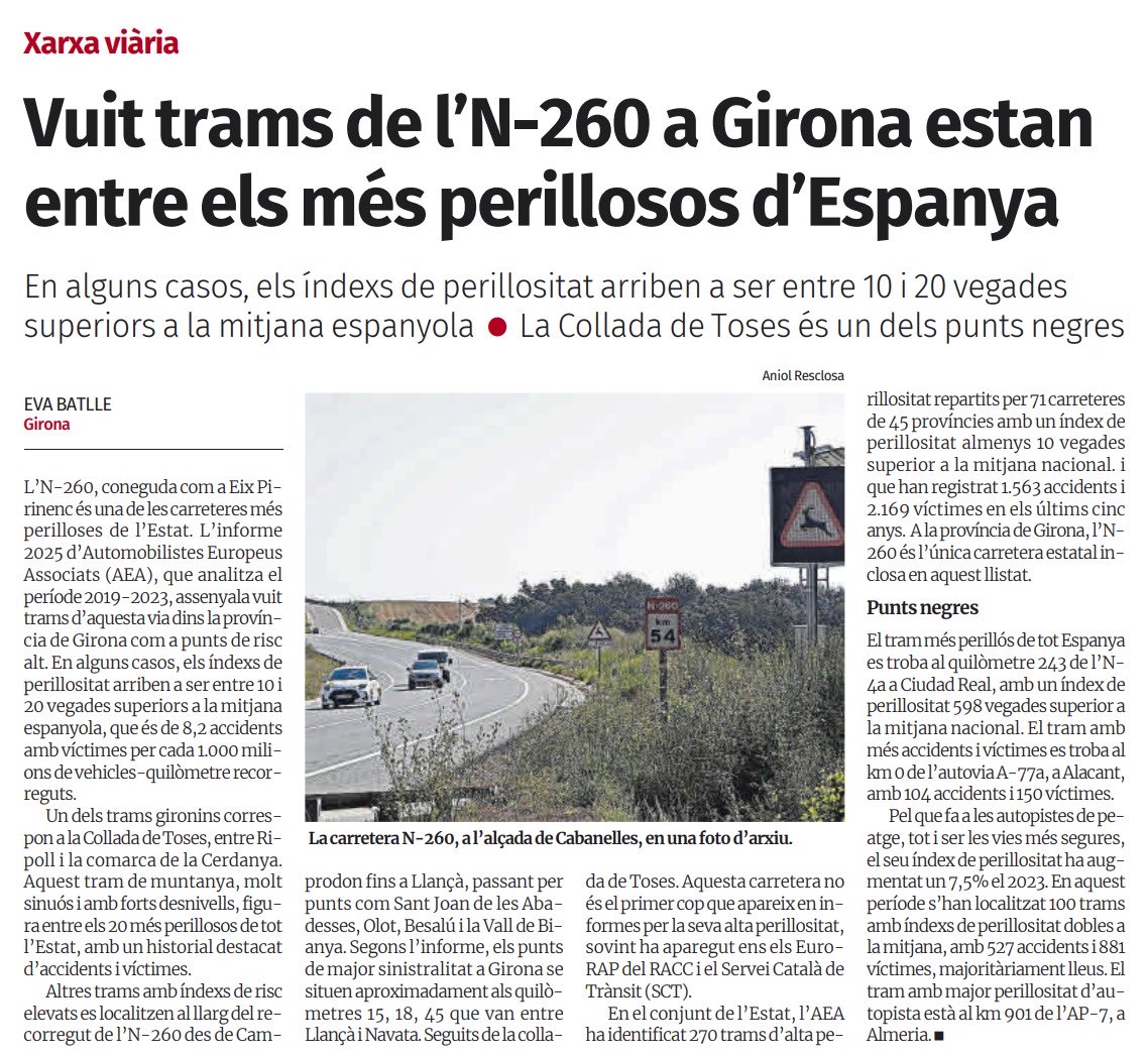 Els trams de la #N260 a la comarca del Ripollès pateixen un dèficit recurrent d'inversions per part del regne hispànic. La seguretat viària hauria de ser una prioritat absoluta. 
Catalunya hauria de gestionar el 100% de la xarxa de mobilitat.
<a href="/JuntsGirona/">Junts per Catalunya Girona-Vegueria 🎗</a>
<a href="/JuntsXCat/">Junts per Catalunya🎗</a> <a href="/joanbague/">Joan Bagué i Roura</a>