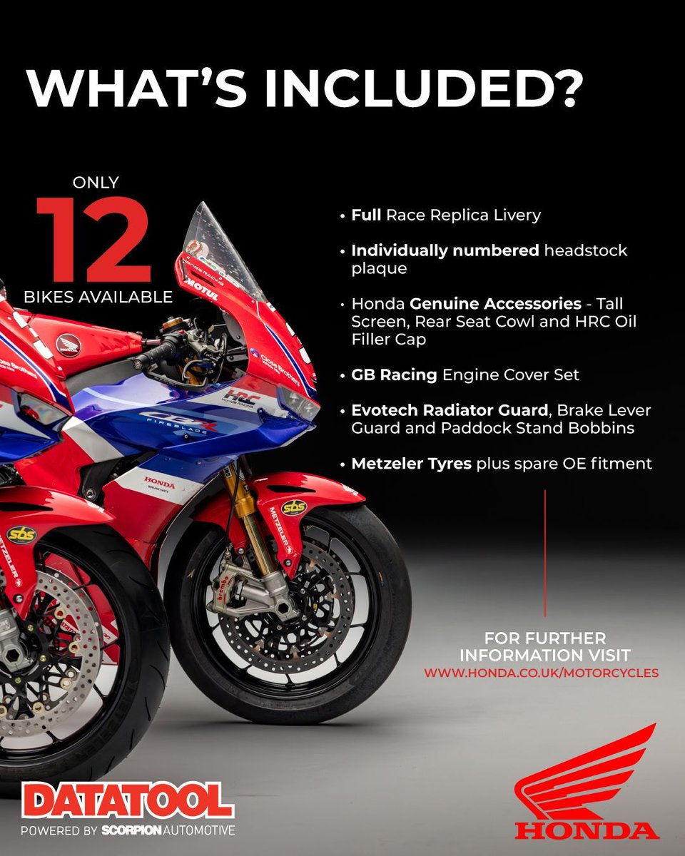 datatool's tweet image. We’re proud to partner with Honda, who have just unveiled their latest exclusive in collaboration with Dean Harrison 🏁 Only a dozen of these limited-edition bikes are being released, each with individually numbered 🏍️  Be sure to check out their website for more information.