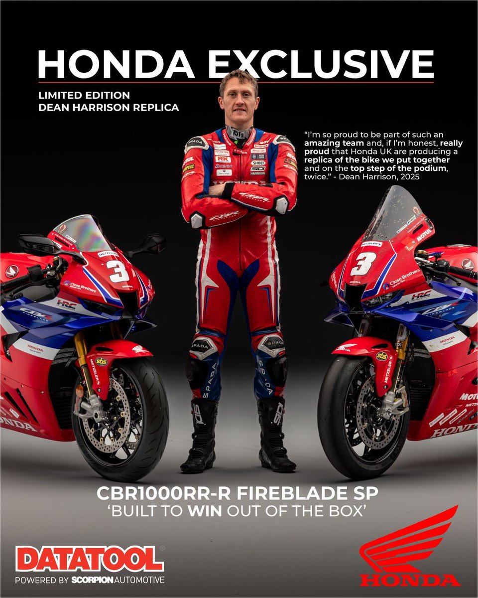 datatool's tweet image. We’re proud to partner with Honda, who have just unveiled their latest exclusive in collaboration with Dean Harrison 🏁 Only a dozen of these limited-edition bikes are being released, each with individually numbered 🏍️  Be sure to check out their website for more information.