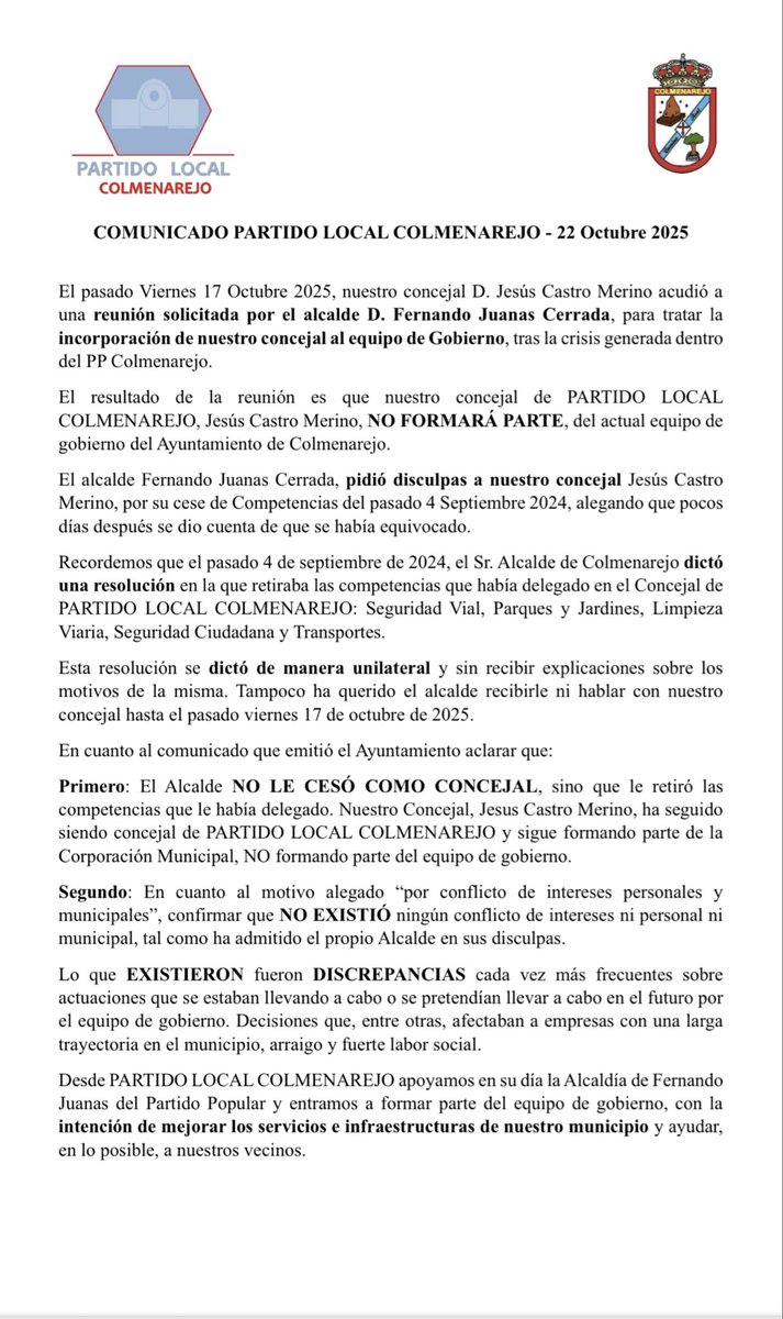 partido_local's tweet photo. 📢 Comunicado Partido Local Colmenarejo - 22 Octubre 2025

 👉 Partido Local Colmenarejo NO FORMARÁ PARTE del Equipo Gobierno del Ayuntamiento de Colmenarejo

@ColmenarejoN
@sermadridsierra 
@OndaCeroSierra 
@aquienlasierra 
@periodicoSIERRA 
@LaVozdelaA6 
@lavozdelasierra https://t.co/zTSNC6Yllp