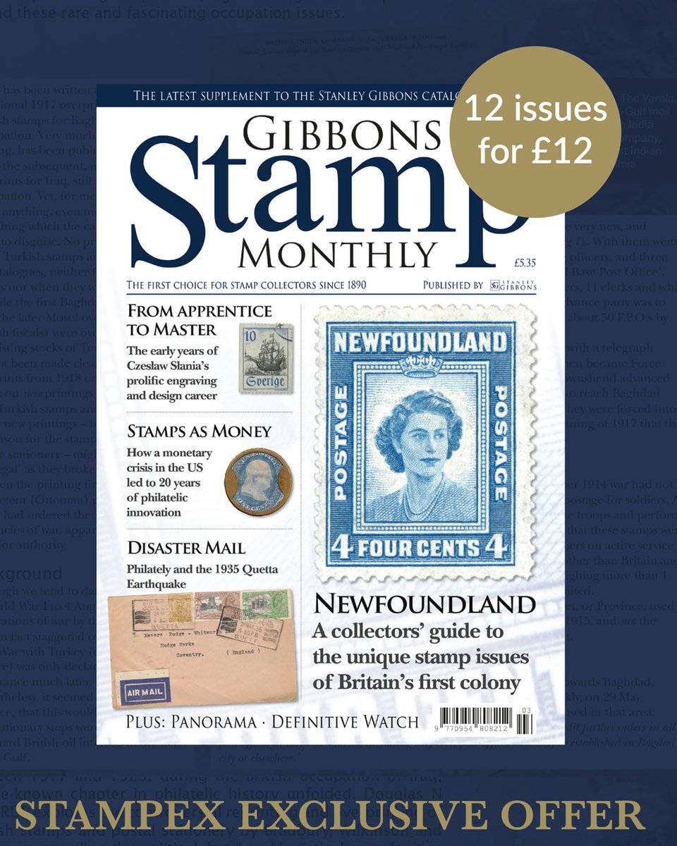 Stampex exclusive! From the 22nd to the 25th of October, we will be running an exclusive offer on Gibbons Stamp Monthly for new subscribers who can receive 12 issues for £12 on an online-only annual subscription*. Sign up at stanleygibbons.com/publishing/gib…
* Terms and conditions apply