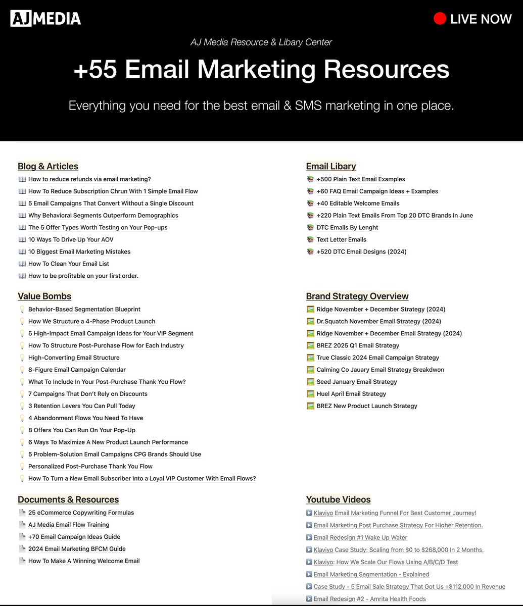 I’m finally giving it away to the public: 55+ email marketing resources in one place, for free.

This is our internal resource &amp; library center we use daily.

Inside, you’ll find:

- Blogs &amp; Articles
- Email Library
- Value Bombs &amp; Mini Strategies
- Brand Strategy Overviews
-